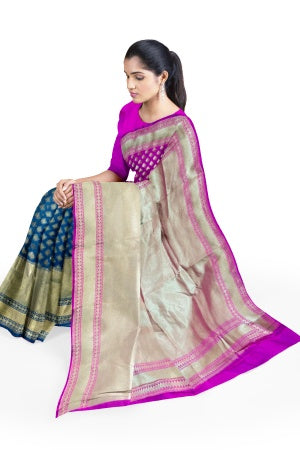SAMVITA Pink and Blue Wedding Wear Silk Saree with Blouse Piece – Shimmering Elegance in Every Fold