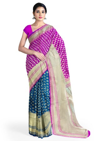 SAMVITA Pink and Blue Wedding Wear Silk Saree with Blouse Piece – Shimmering Elegance in Every Fold