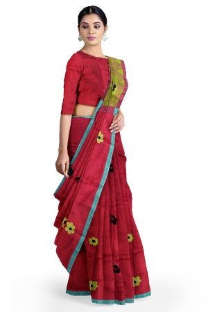 SAMVITA Red Embroidered Handloom Saree With Jamdani Pallu