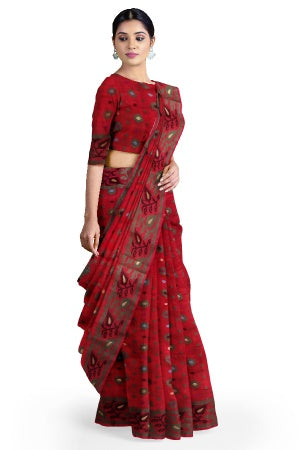 SAMVITA Red Blended Silk Saree in Jamdani Design