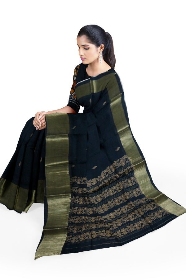 Black Cotton Hand Embroidered Saree - Samvita