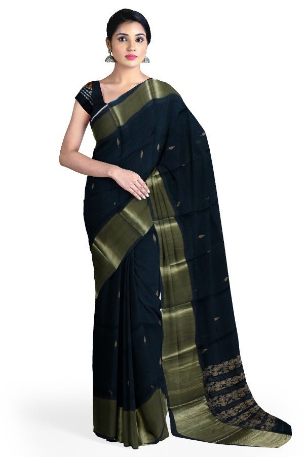 Black Cotton Hand Embroidered Saree - Samvita