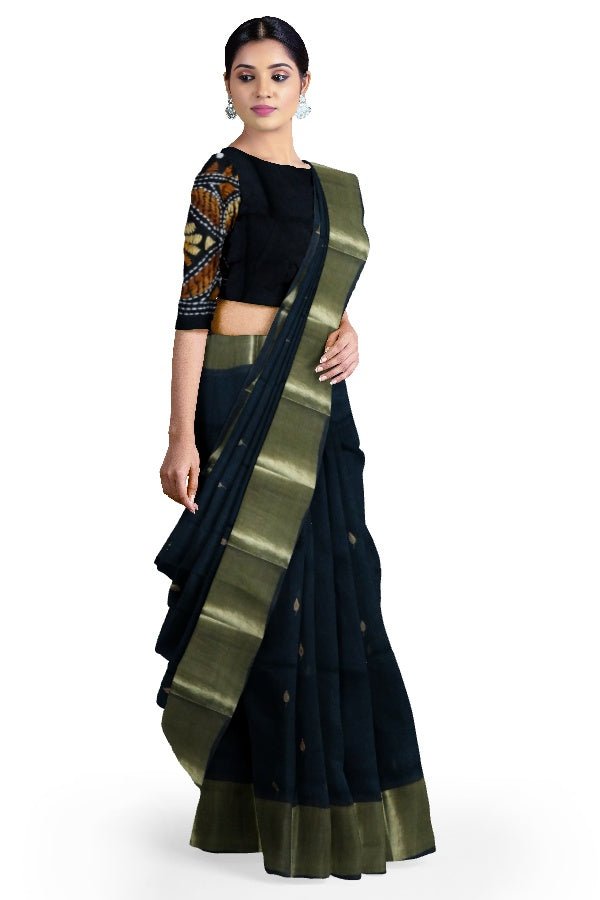 Black Cotton Hand Embroidered Saree - Samvita