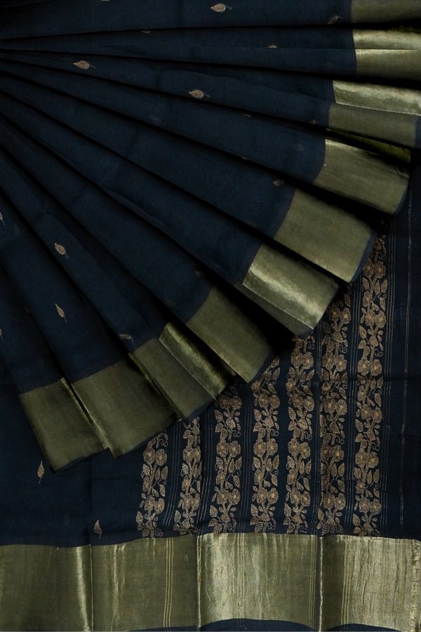 Black Cotton Hand Embroidered Saree - Samvita