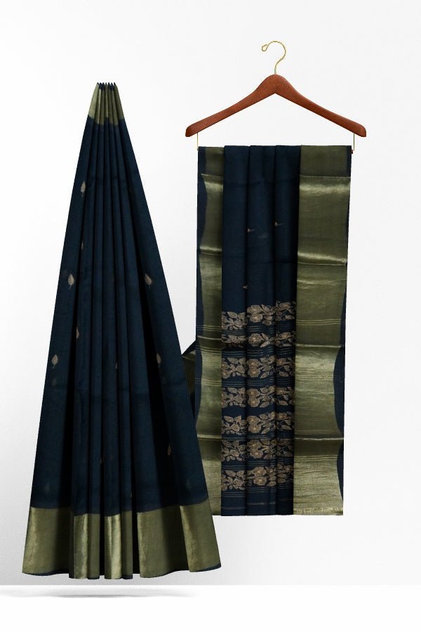 Black Cotton Hand Embroidered Saree - Samvita