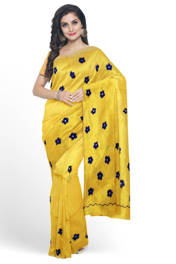 Yellow Cotton Silk Handloom Saree with Embroidery Floral Design | SAMVITA