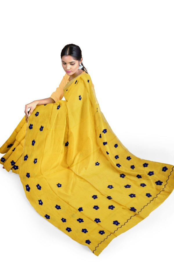Yellow Cotton Silk Handloom Saree with Embroidery Floral Design | SAMVITA