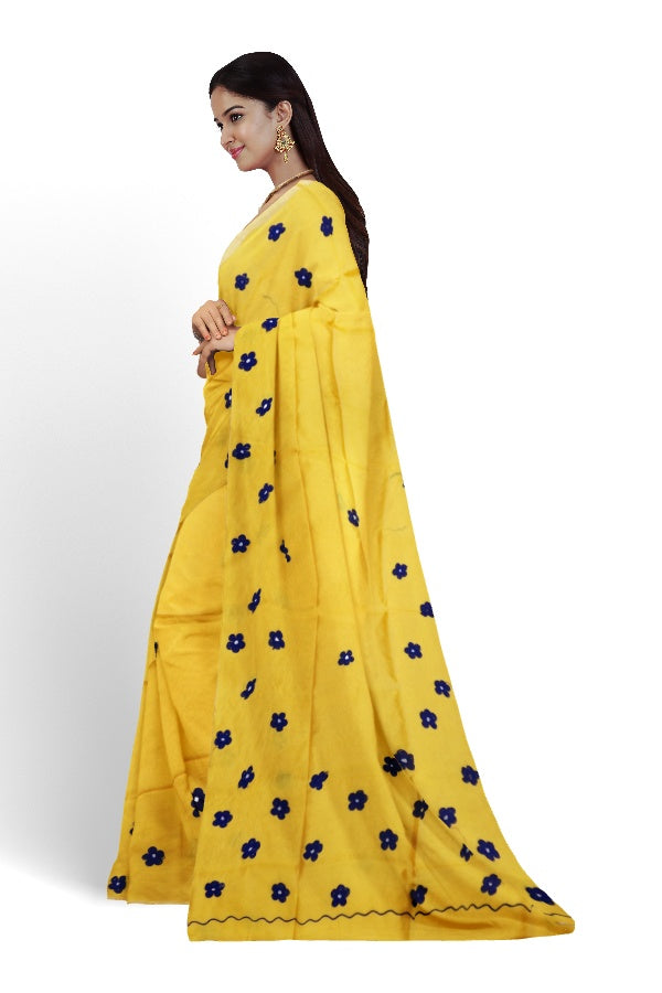 Yellow Cotton Silk Handloom Saree with Embroidery Floral Design | SAMVITA