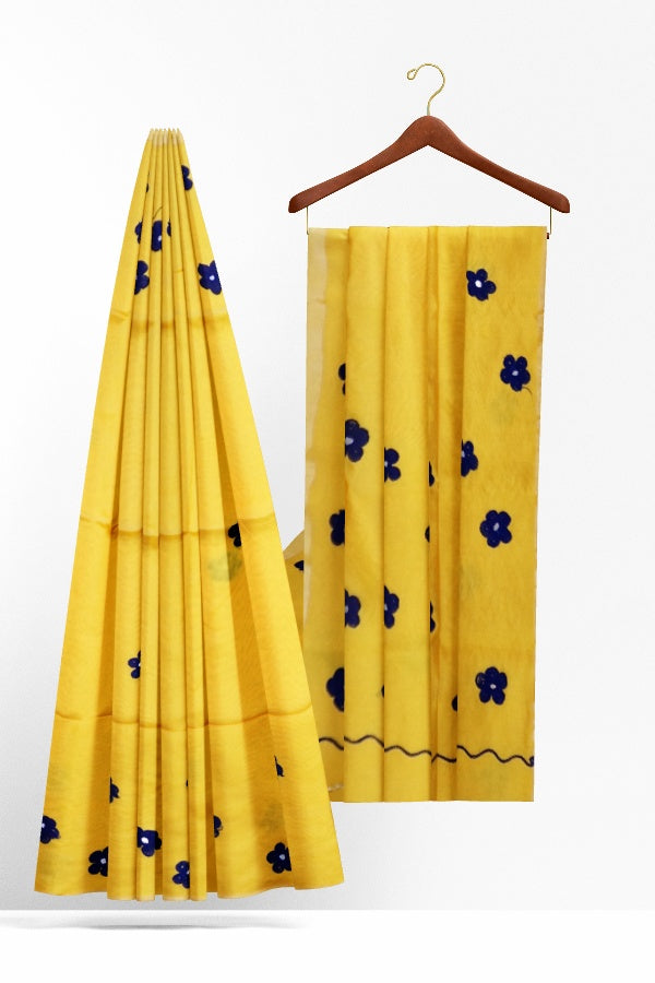 Yellow Cotton Silk Handloom Saree with Embroidery Floral Design | SAMVITA