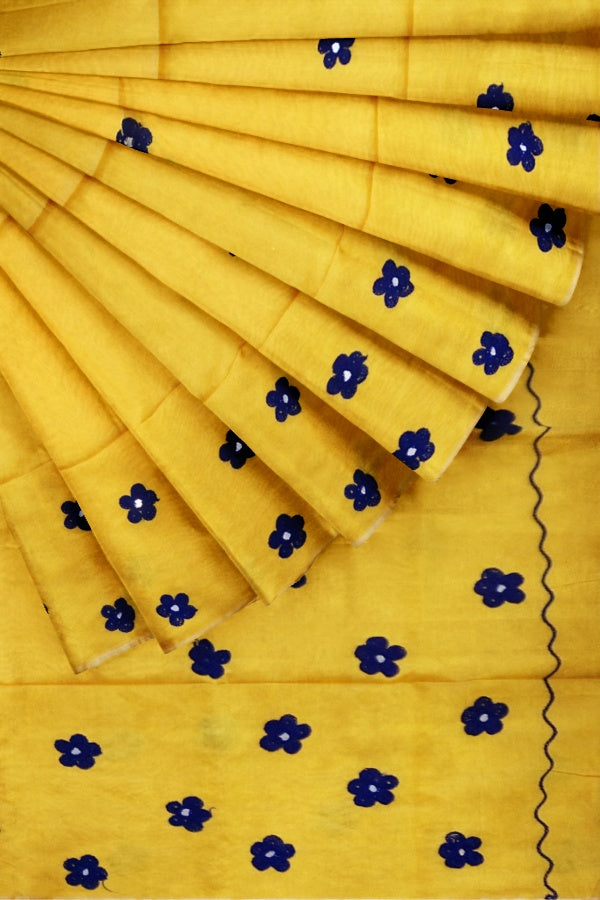 Yellow Cotton Silk Handloom Saree with Embroidery Floral Design | SAMVITA