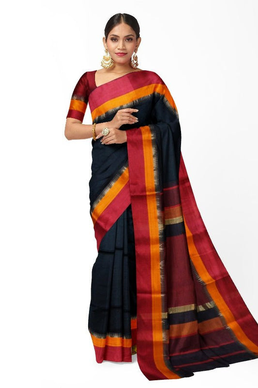 Black Cotton Silk Maheshwari Handloom Saree - Samvita