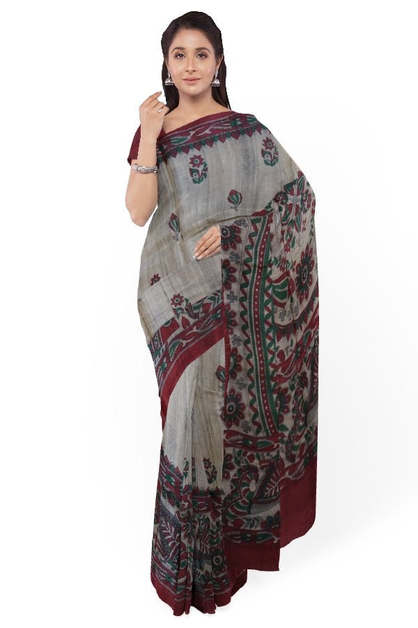 Cream And Red Tussar Silk Saree - Samvita