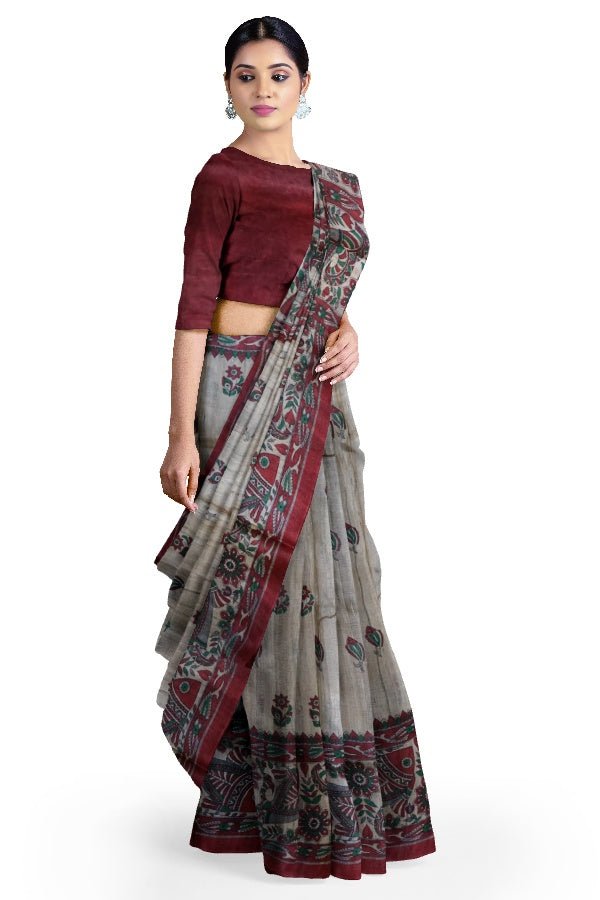 Cream And Red Tussar Silk Saree - Samvita