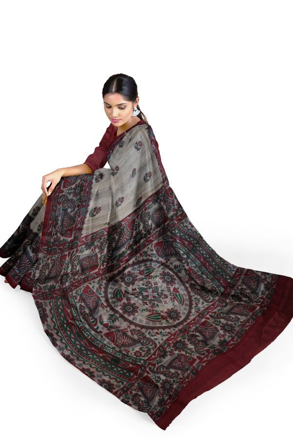 Cream And Red Tussar Silk Saree - Samvita