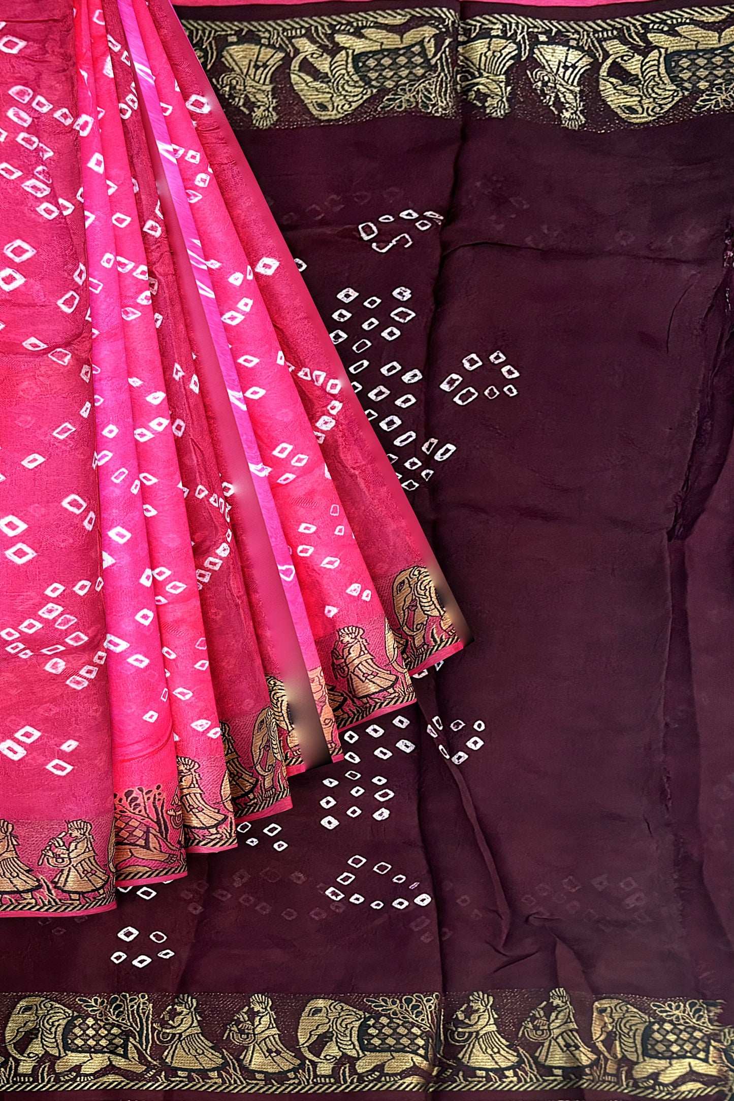 SAMVITA Pink Silk Saree with Beautiful Handcrafted Bandhani Work