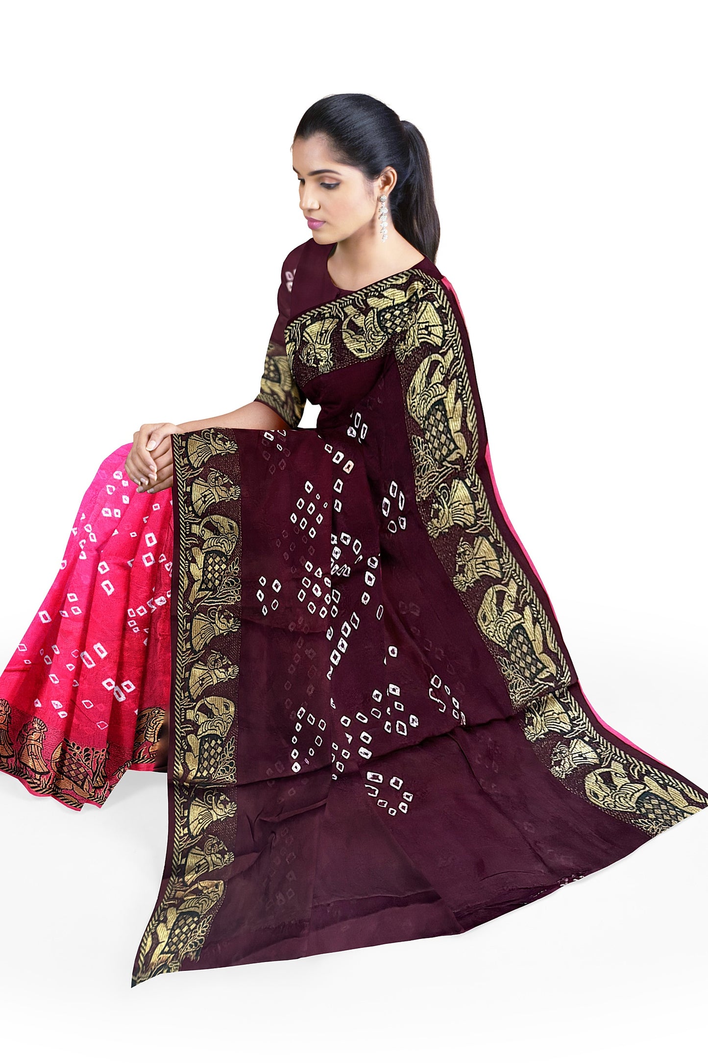 SAMVITA Pink Silk Saree with Beautiful Handcrafted Bandhani Work