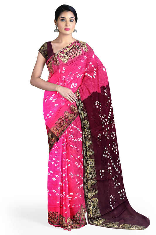 SAMVITA Pink Silk Saree with Beautiful Handcrafted Bandhani Work