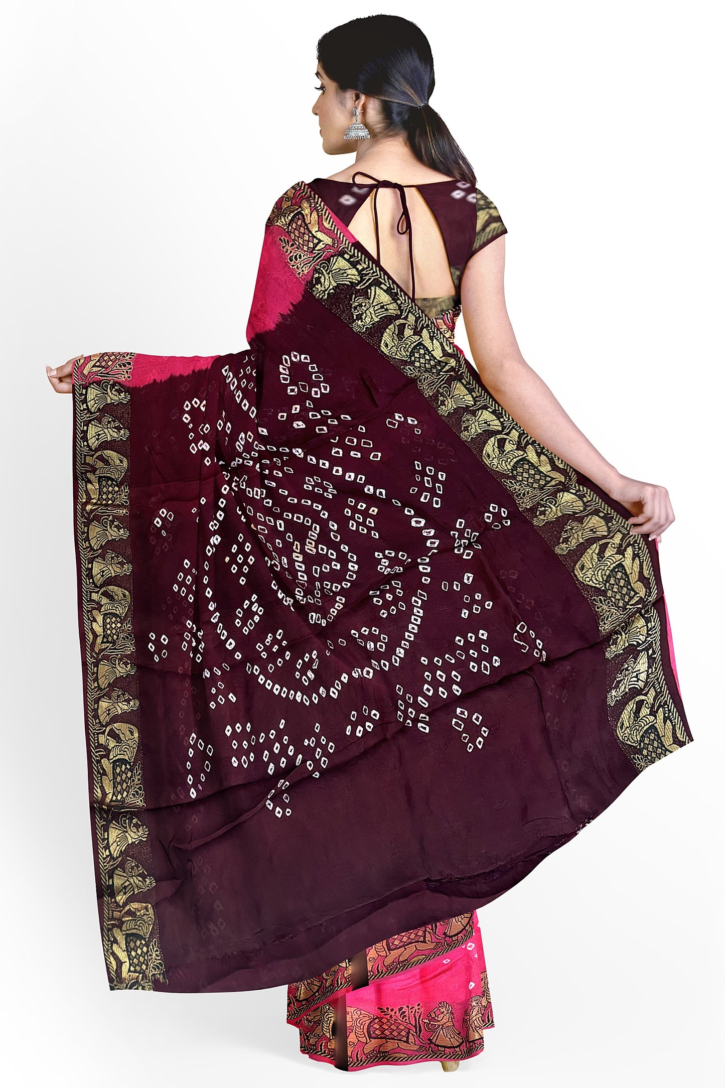 SAMVITA Pink Silk Saree with Beautiful Handcrafted Bandhani Work