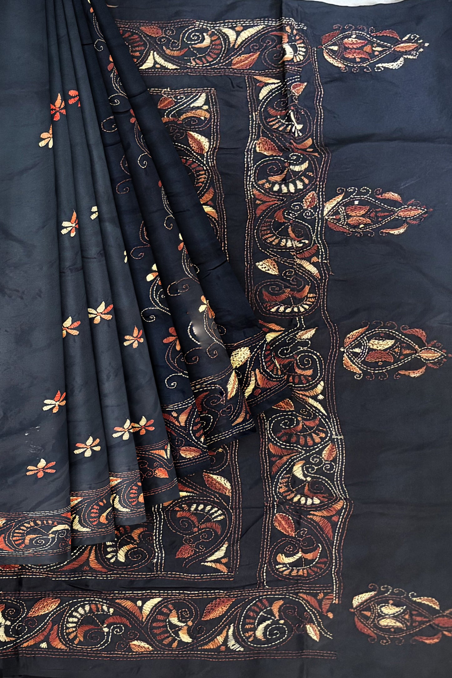 SAMVITA Black Kantha Stitch Silk Saree – Hand-Embroidered Elegance in Every Thread