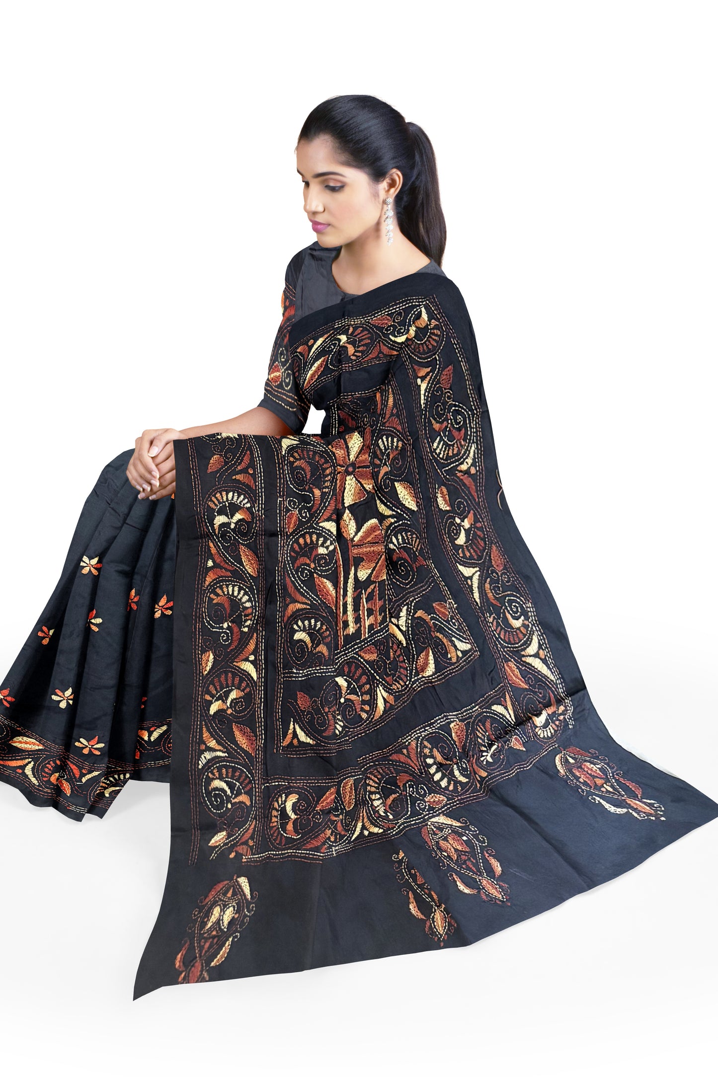 SAMVITA Black Kantha Stitch Silk Saree – Hand-Embroidered Elegance in Every Thread