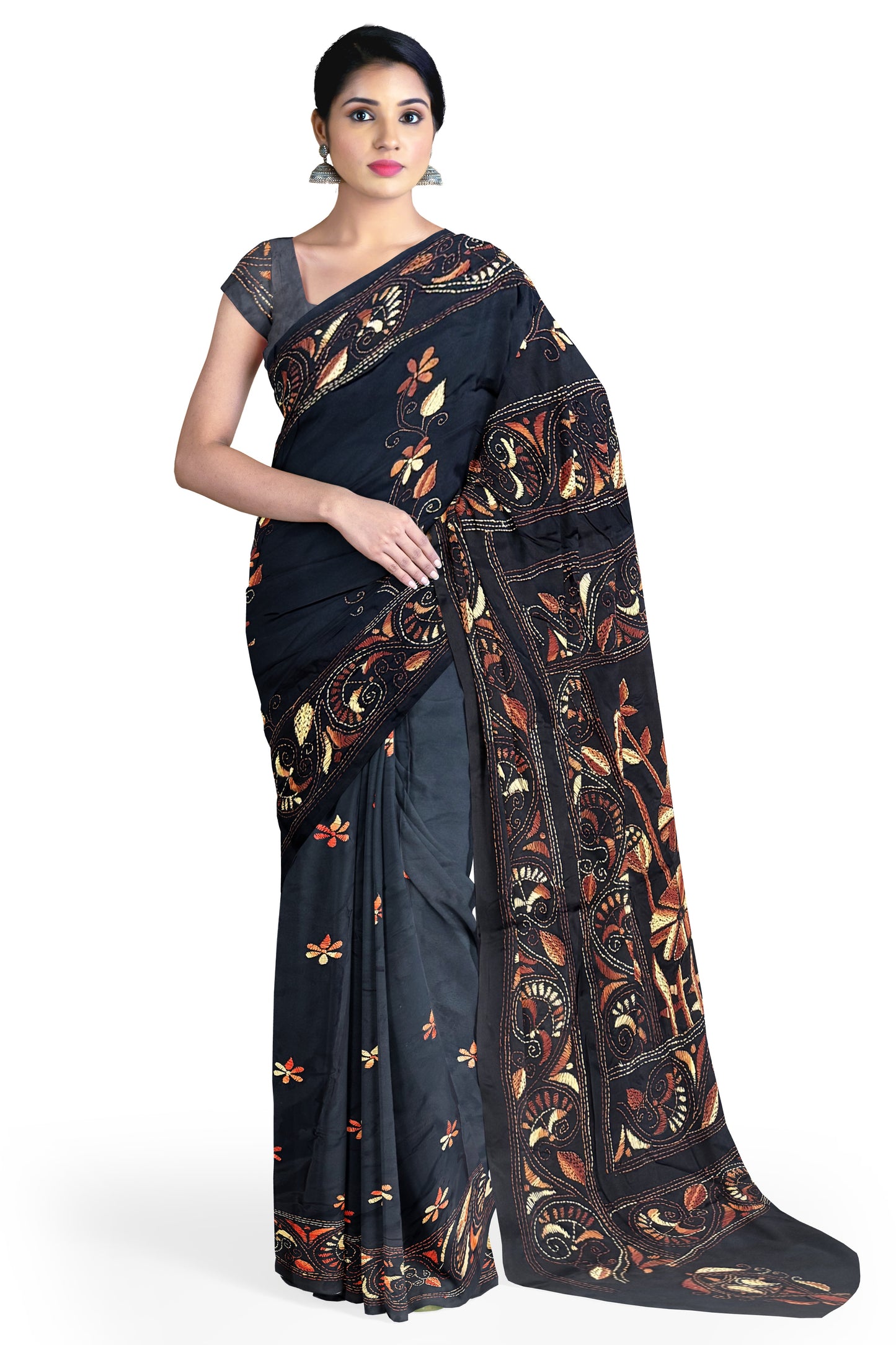 SAMVITA Black Kantha Stitch Silk Saree – Hand-Embroidered Elegance in Every Thread
