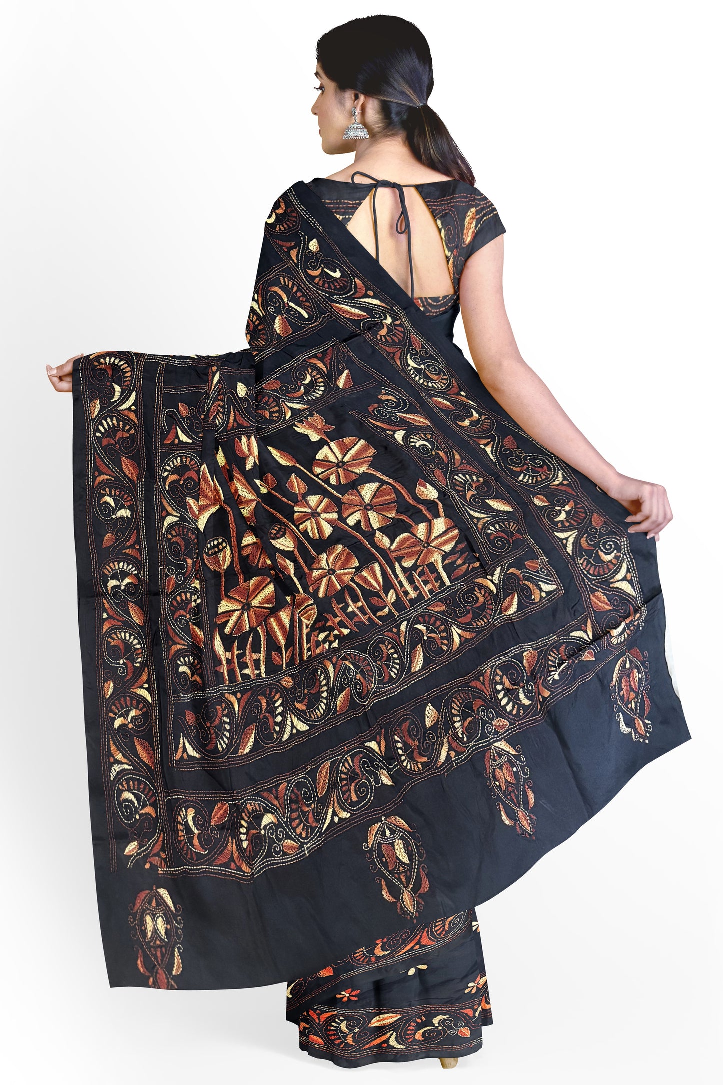SAMVITA Black Kantha Stitch Silk Saree – Hand-Embroidered Elegance in Every Thread