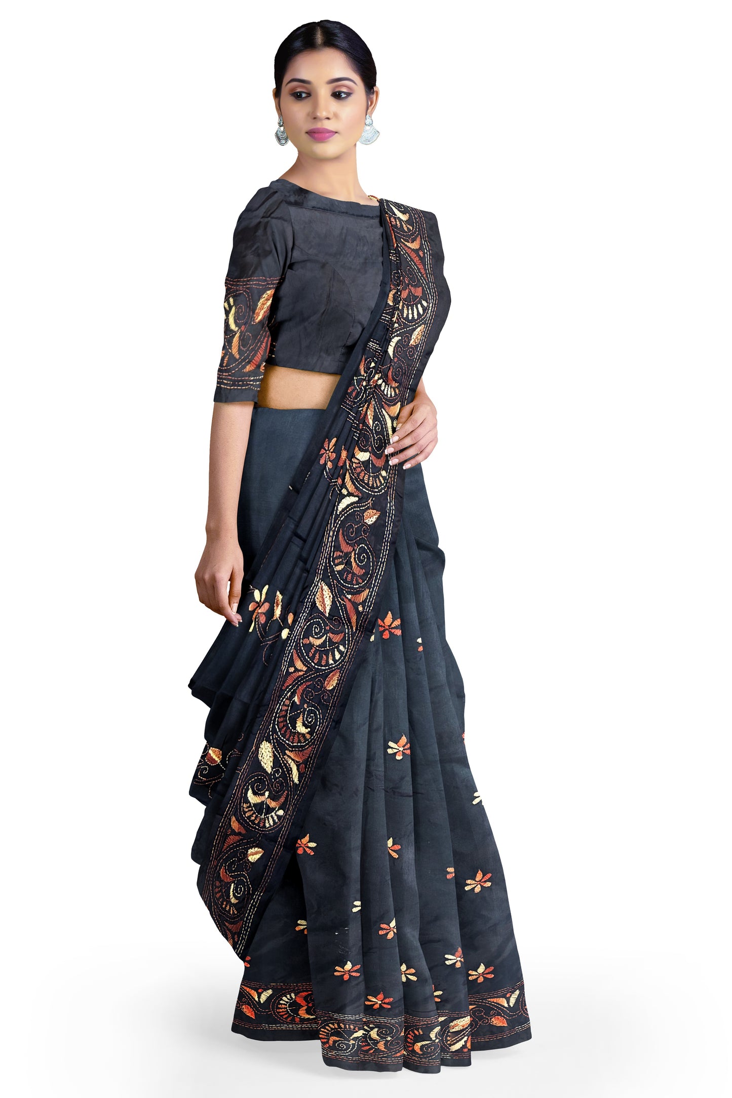 SAMVITA Black Kantha Stitch Silk Saree – Hand-Embroidered Elegance in Every Thread