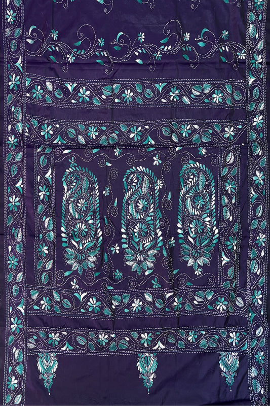 SAMVITA Blue Kantha Stitch Silk Saree – Hand-Embroidered Elegance in Every Thread