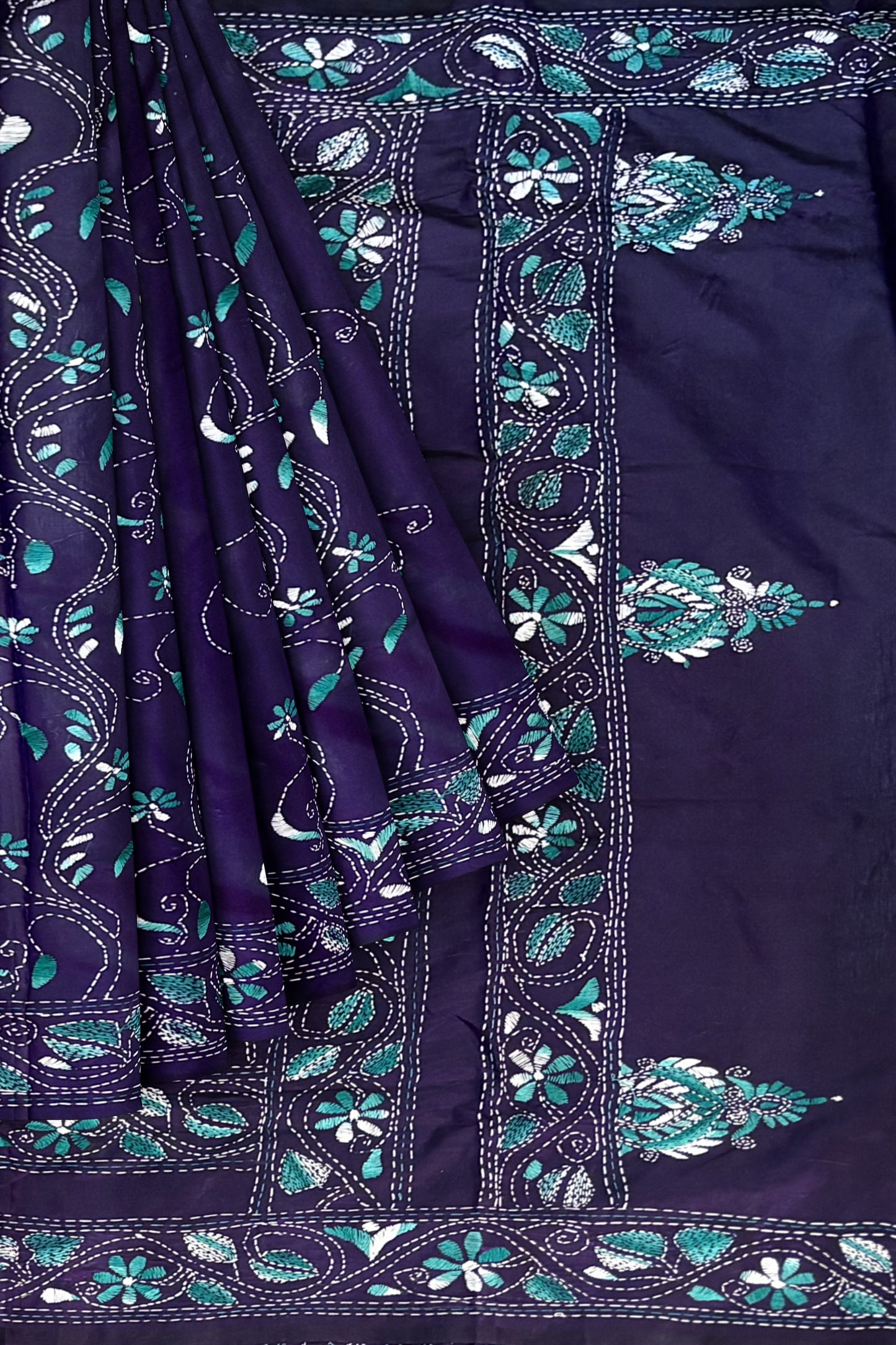 SAMVITA Blue Kantha Stitch Silk Saree – Hand-Embroidered Elegance in Every Thread