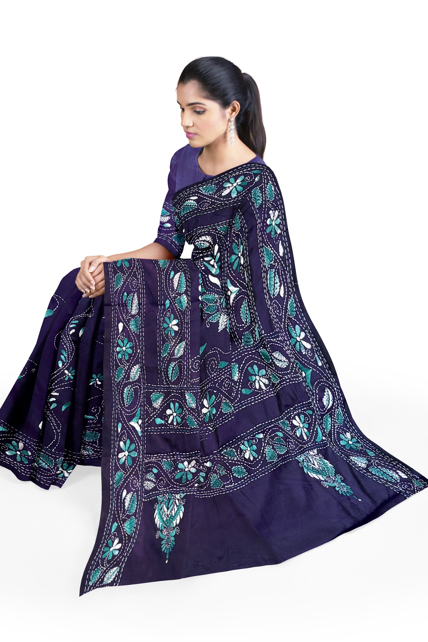 SAMVITA Blue Kantha Stitch Silk Saree – Hand-Embroidered Elegance in Every Thread