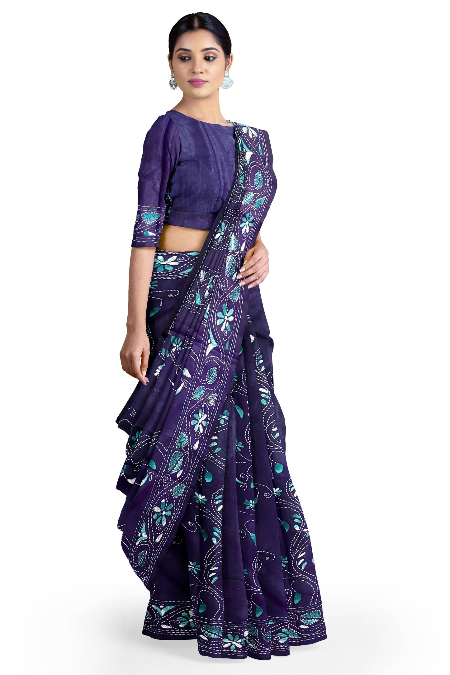 SAMVITA Blue Kantha Stitch Silk Saree – Hand-Embroidered Elegance in Every Thread