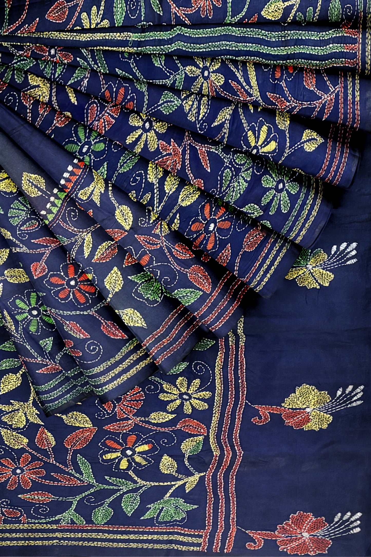 SAMVITA Blue Kantha Stitch Silk Saree – Hand-Embroidered Elegance in Every Thread