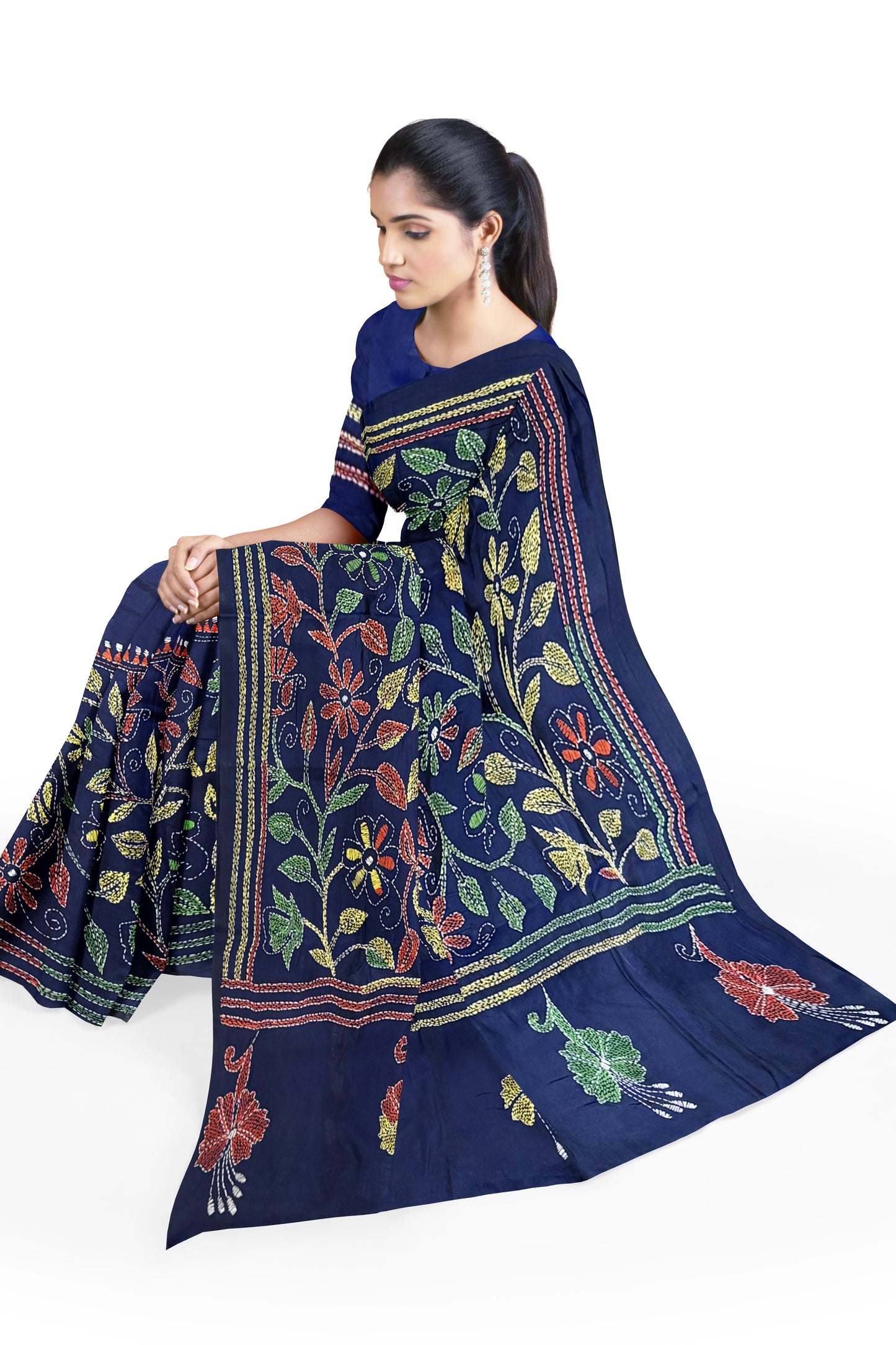 SAMVITA Blue Kantha Stitch Silk Saree – Hand-Embroidered Elegance in Every Thread