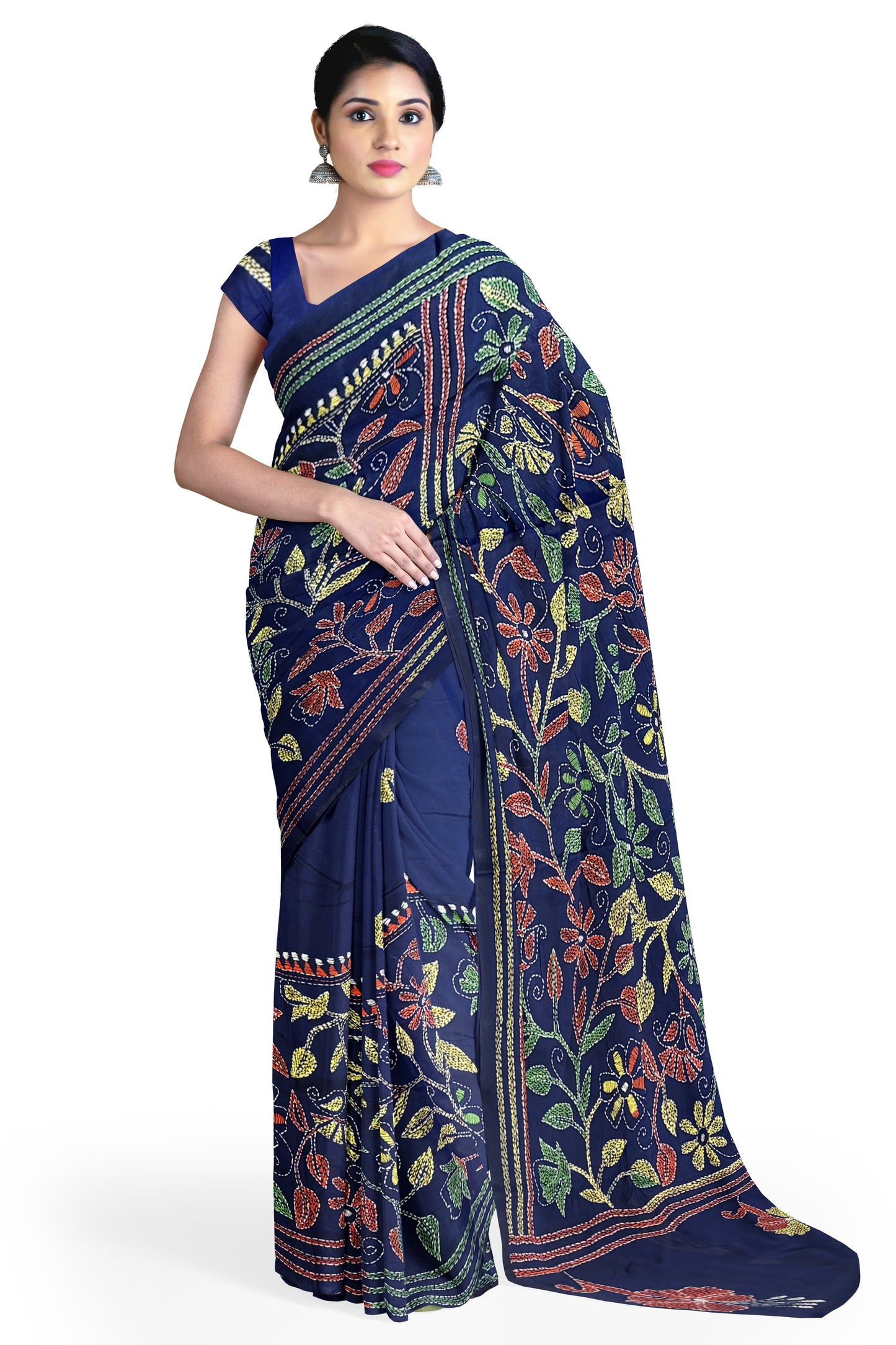 SAMVITA Blue Kantha Stitch Silk Saree – Hand-Embroidered Elegance in Every Thread