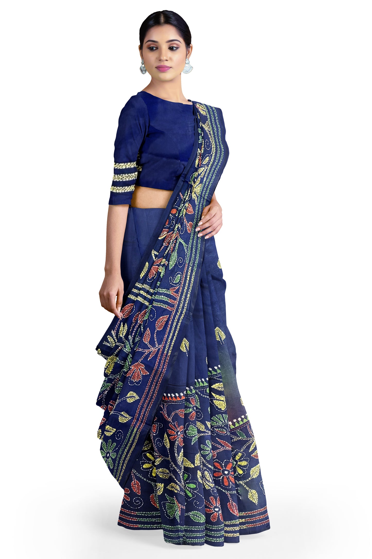 SAMVITA Blue Kantha Stitch Silk Saree – Hand-Embroidered Elegance in Every Thread