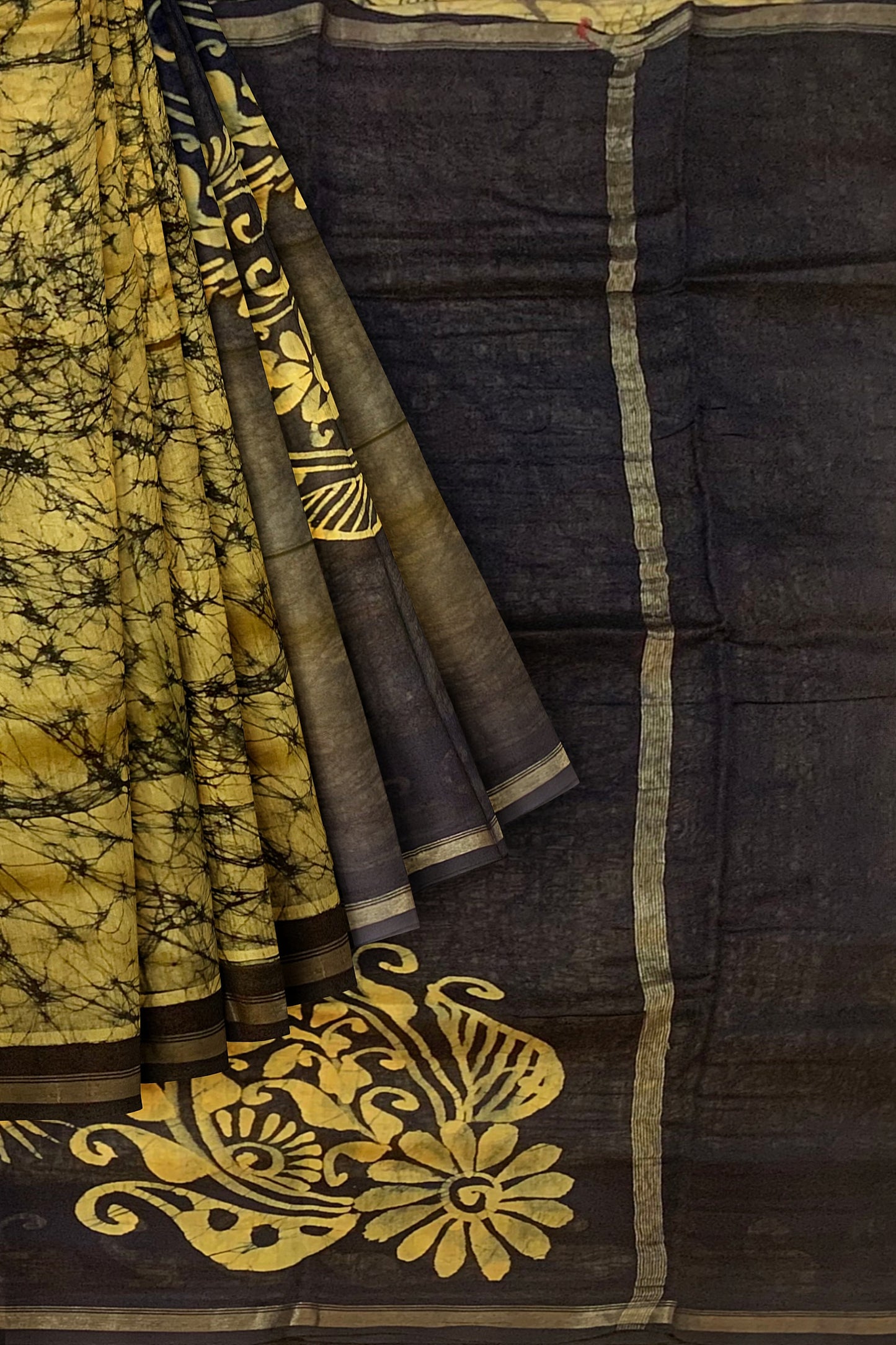 Yellow Chanderi Handprinted Soft Cotton Silk Sarees