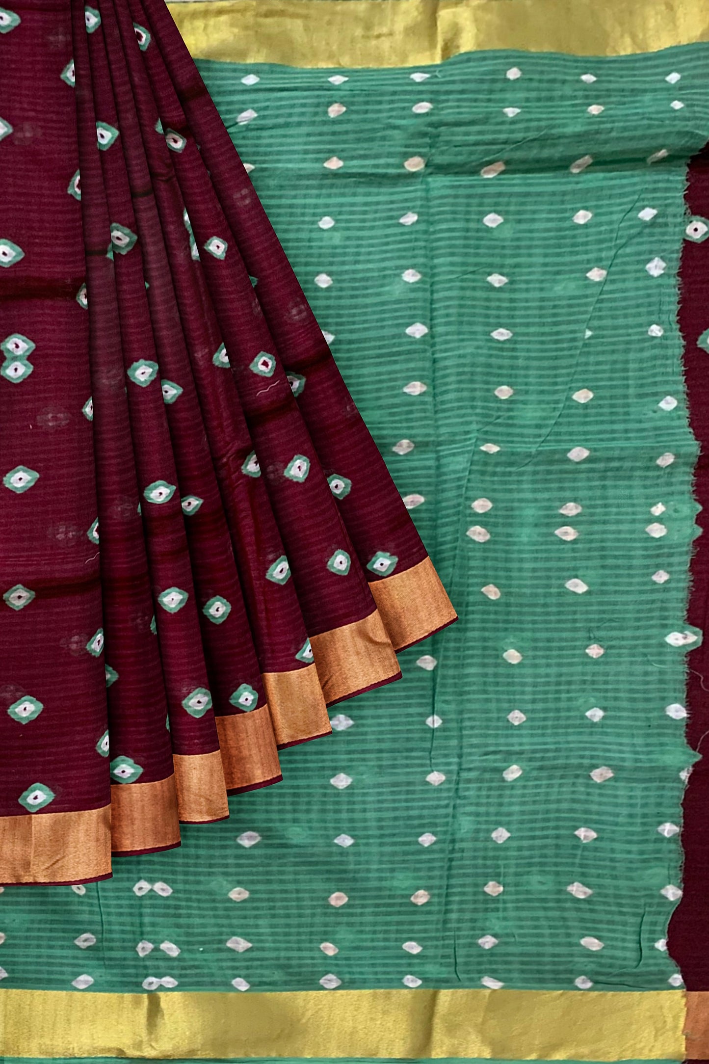 Handcrafted Bandhani Work Maroon Cotton Mulmul Saree – Earthy Elegance in a Feather-Light Drape