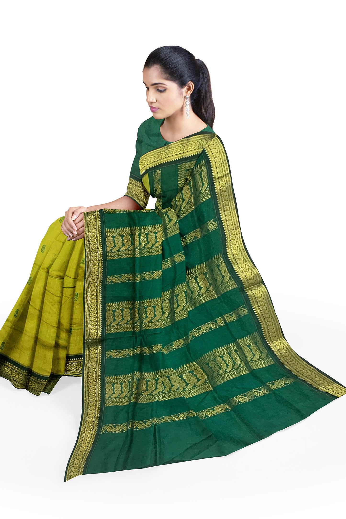Green Cotton Silk Kalyani Gadwal Saree with Butta and Zari Pallu – Grace Rooted in Heritage
