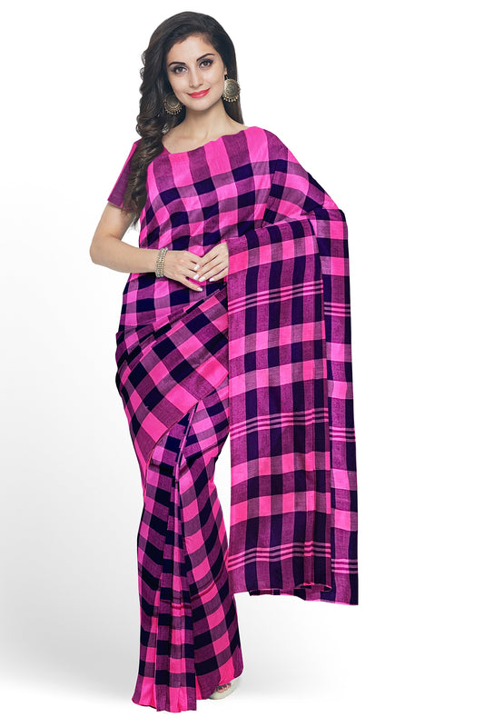Pink And Blue Cotton Khadi Soft Handloom Saree