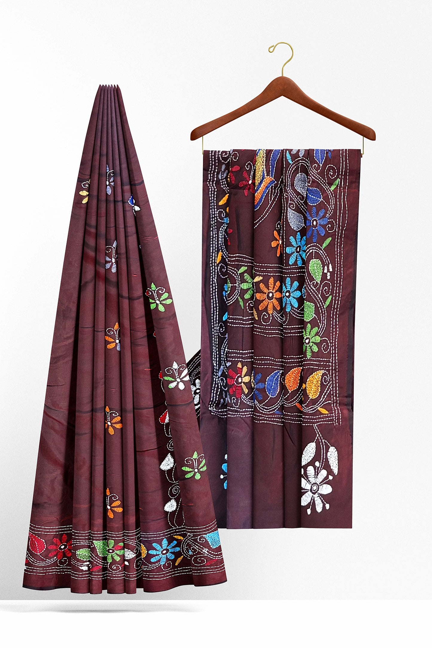 SAMVITA Maroon Kantha Stitch Silk Saree – Hand-Embroidered Elegance in Every Thread