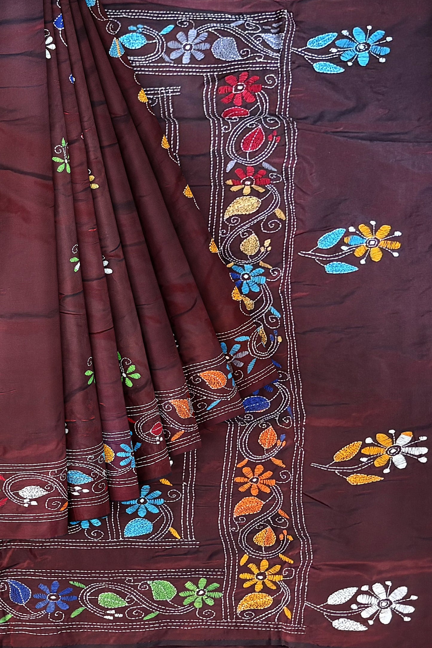 SAMVITA Maroon Kantha Stitch Silk Saree – Hand-Embroidered Elegance in Every Thread