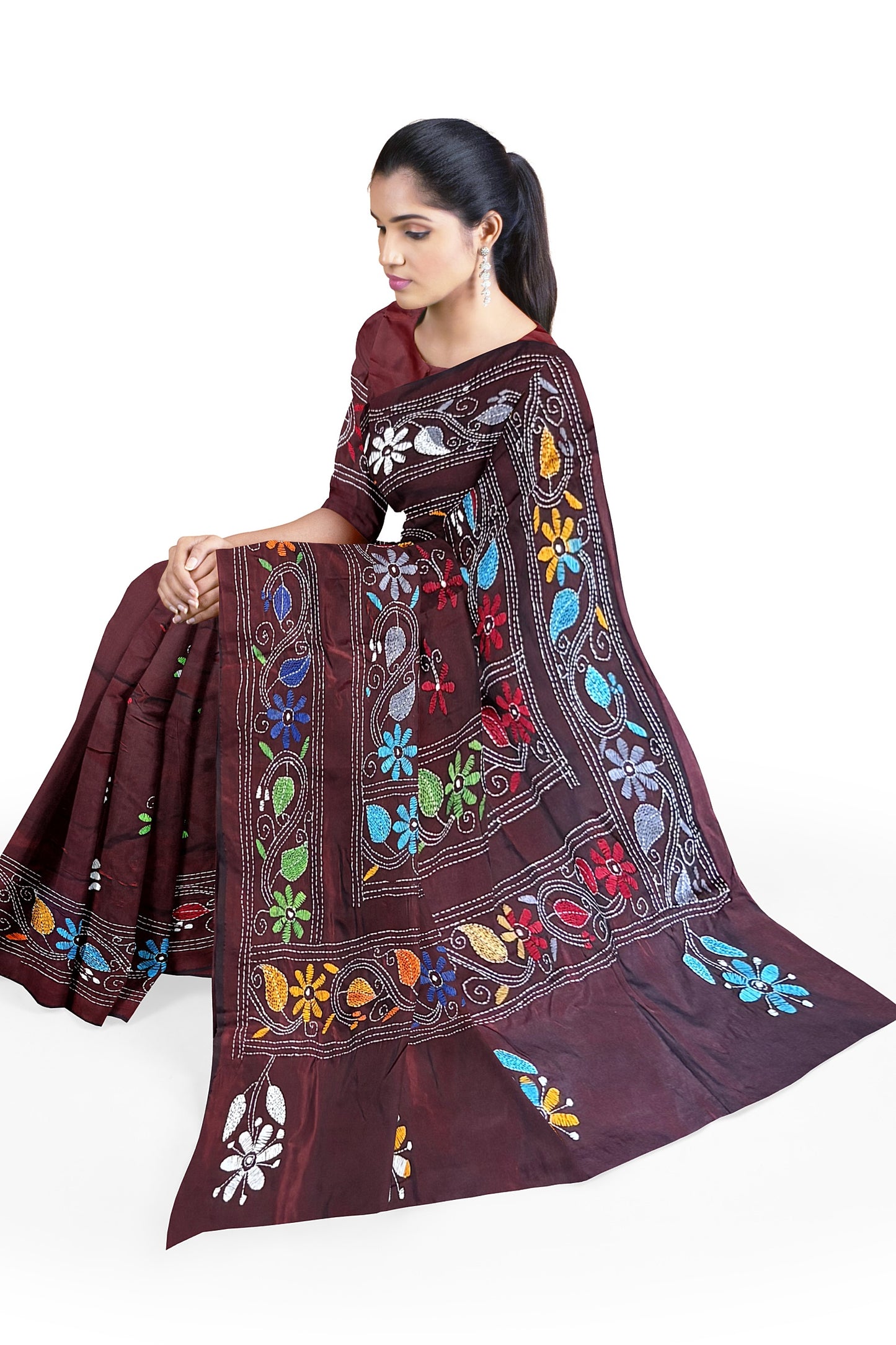 SAMVITA Maroon Kantha Stitch Silk Saree – Hand-Embroidered Elegance in Every Thread