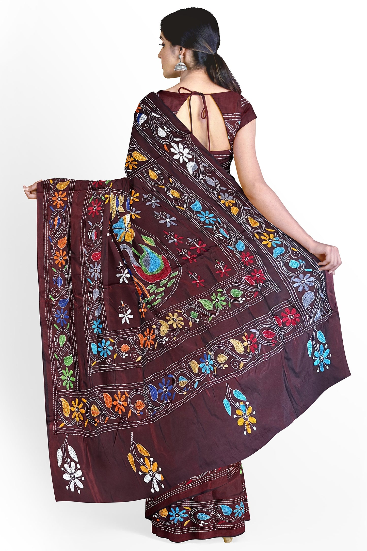 SAMVITA Maroon Kantha Stitch Silk Saree – Hand-Embroidered Elegance in Every Thread