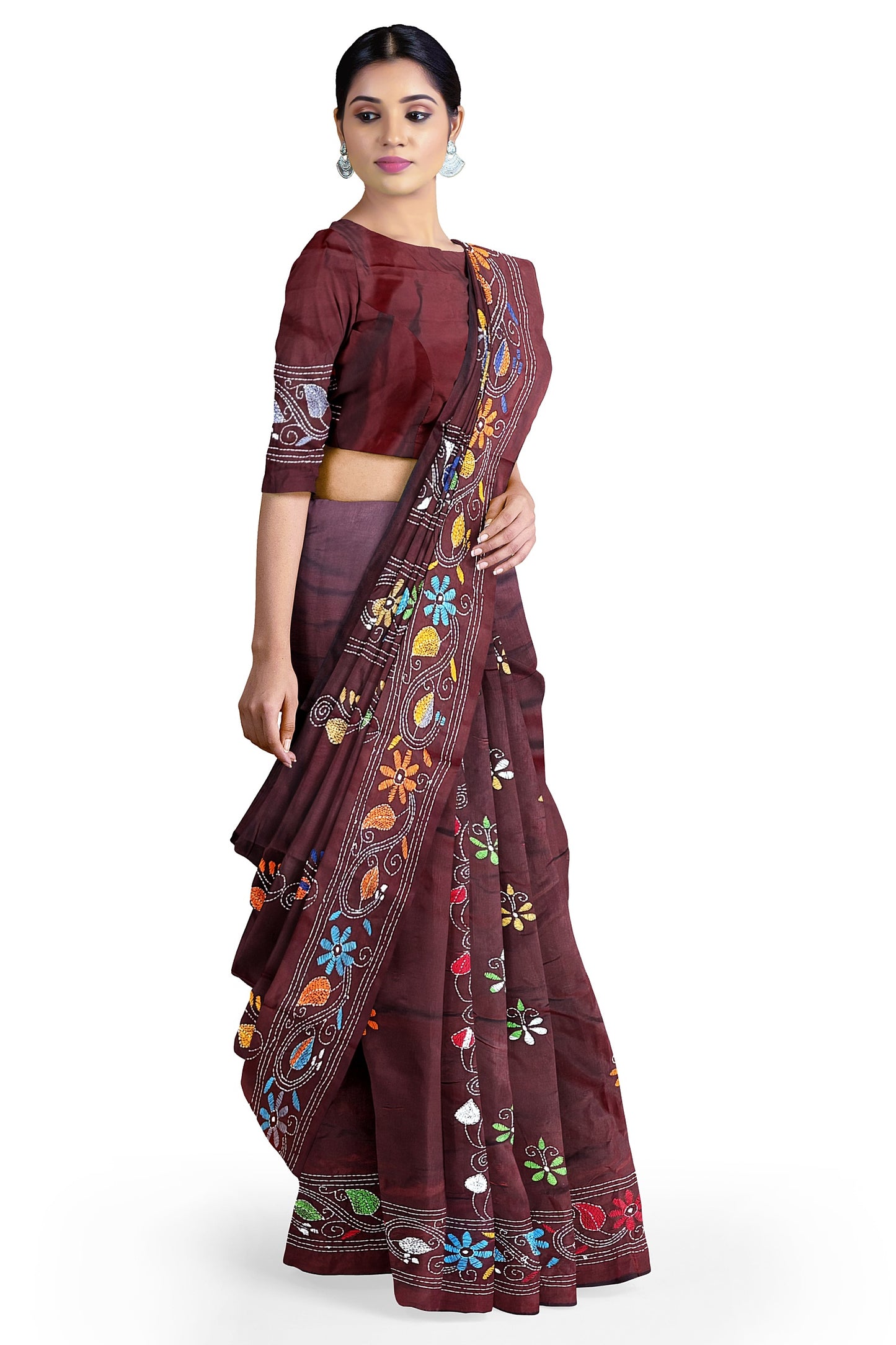 SAMVITA Maroon Kantha Stitch Silk Saree – Hand-Embroidered Elegance in Every Thread