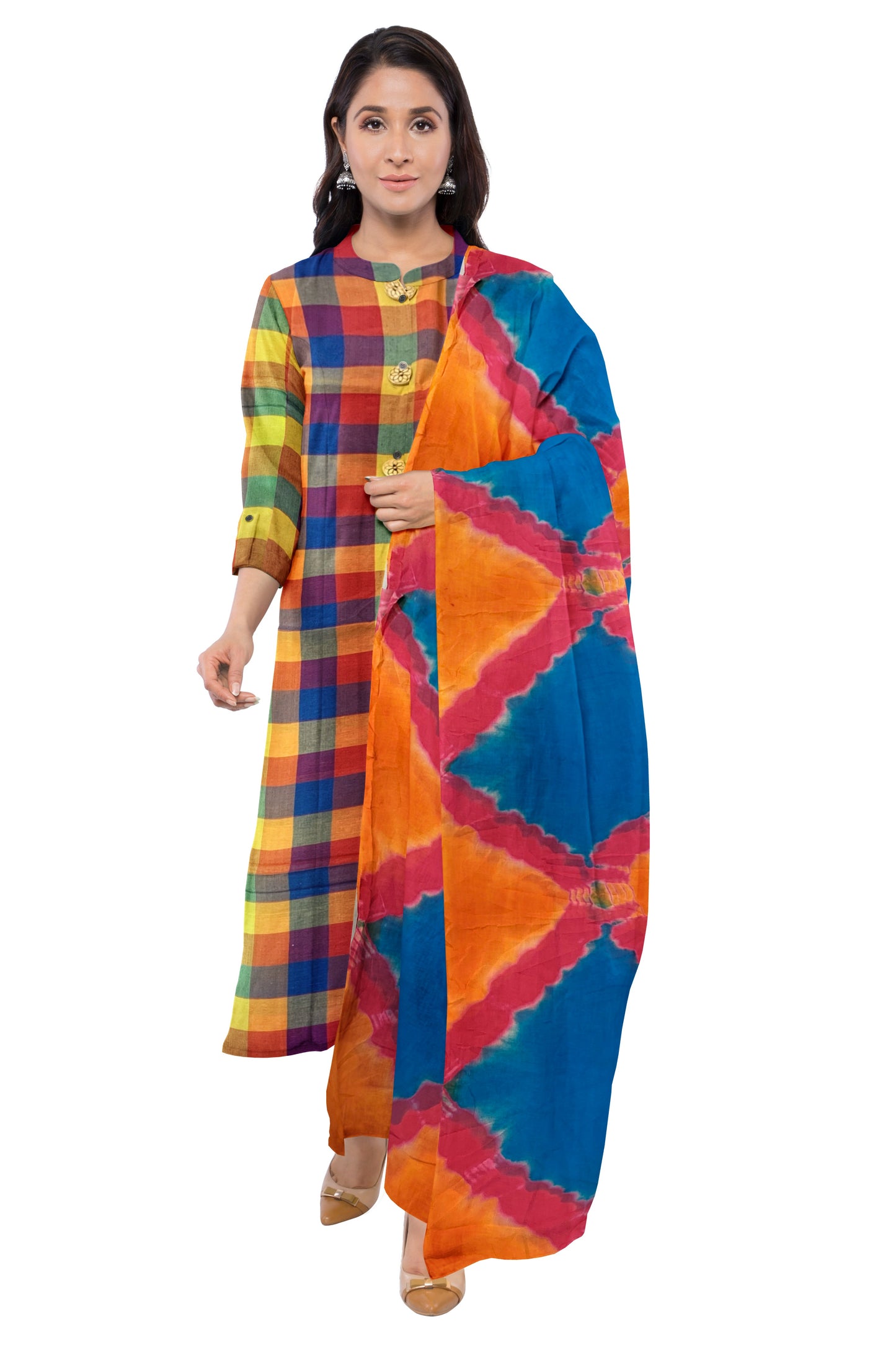 Orange Cotton Salwar Suit Fabric with Chiffon Dupatta