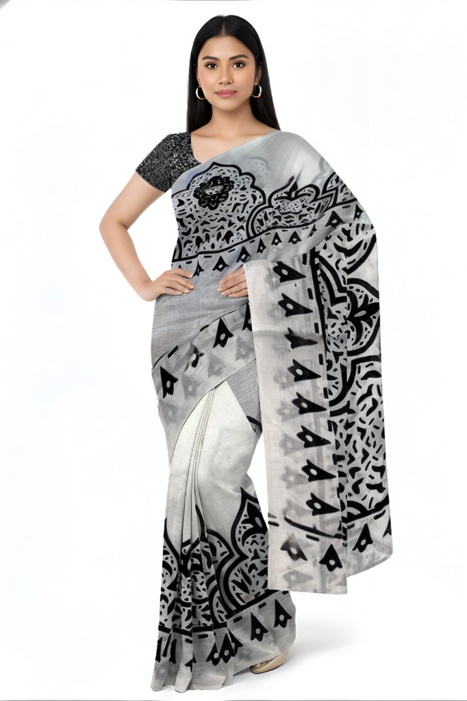 White Cotton Mulmul Saree with Blouse Piece – Earthy Elegance in a Feather-Light Drape