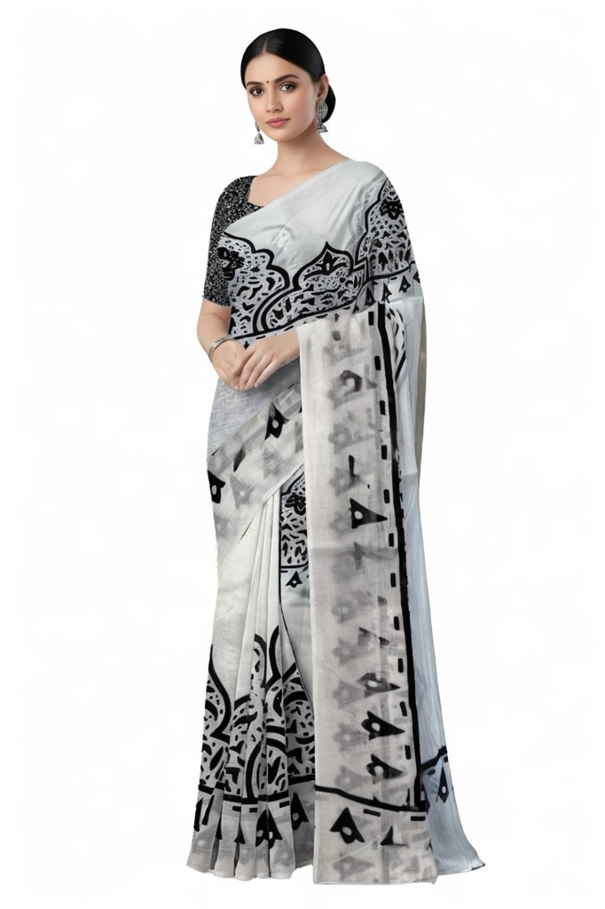White Cotton Mulmul Saree with Blouse Piece – Earthy Elegance in a Feather-Light Drape