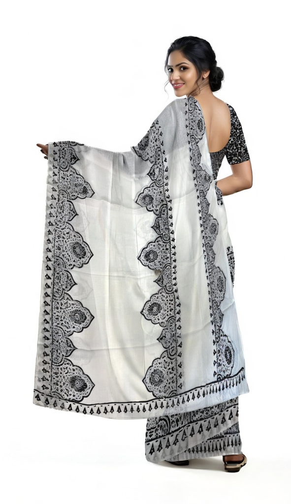 White Cotton Mulmul Saree with Blouse Piece – Earthy Elegance in a Feather-Light Drape