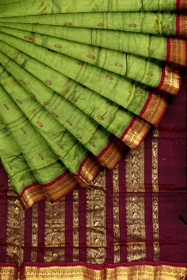 Green Cotton Kalyani Gadwal Saree With Butta and Zari Pallu