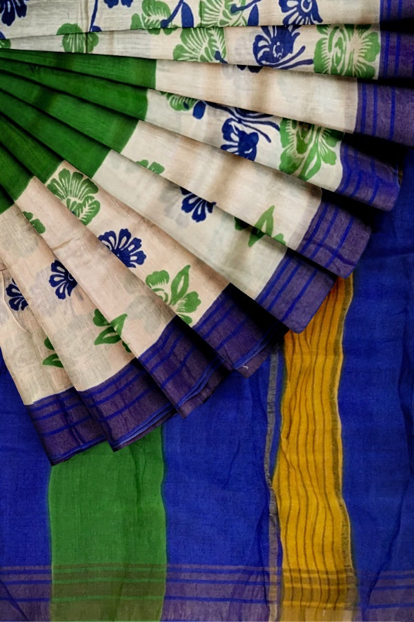 Green Tussar Muga Block Printed Soft Silk Saree